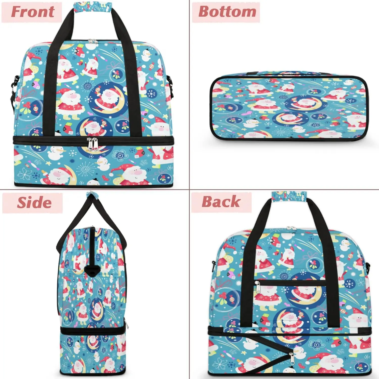 Christmas Cute Santa Claus Sports Gym Bag with Shoes Compartment Foldable Travel Duffel Bag Dry Wet Separated Sports Tote Workout Weekender Overnight Bag for Women Yoga Dance Work Training Handbag