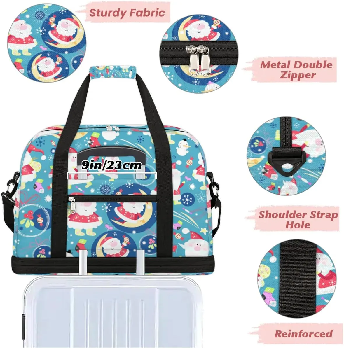 Christmas Cute Santa Claus Sports Gym Bag with Shoes Compartment Foldable Travel Duffel Bag Dry Wet Separated Sports Tote Workout Weekender Overnight Bag for Women Yoga Dance Work Training Handbag