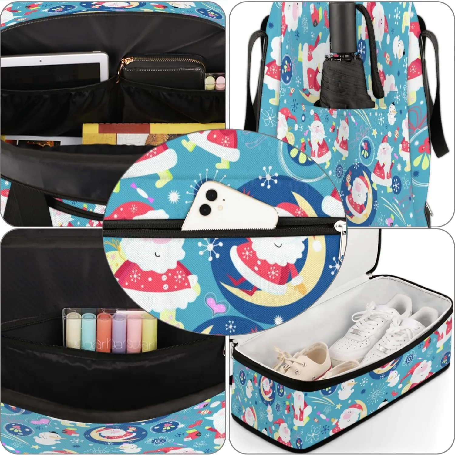 Christmas Cute Santa Claus Sports Gym Bag with Shoes Compartment Foldable Travel Duffel Bag Dry Wet Separated Sports Tote Workout Weekender Overnight Bag for Women Yoga Dance Work Training Handbag