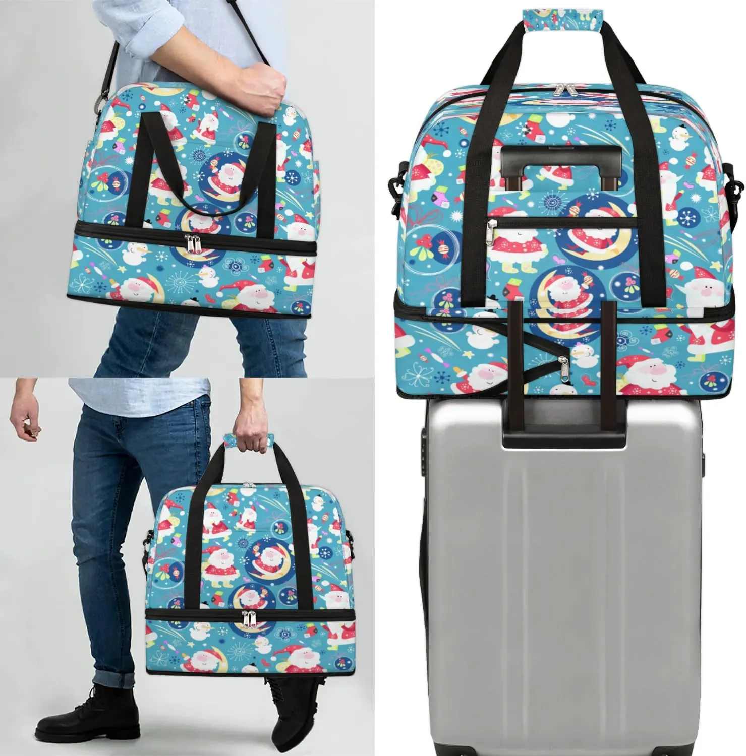 Christmas Cute Santa Claus Sports Gym Bag with Shoes Compartment Foldable Travel Duffel Bag Dry Wet Separated Sports Tote Workout Weekender Overnight Bag for Women Yoga Dance Work Training Handbag