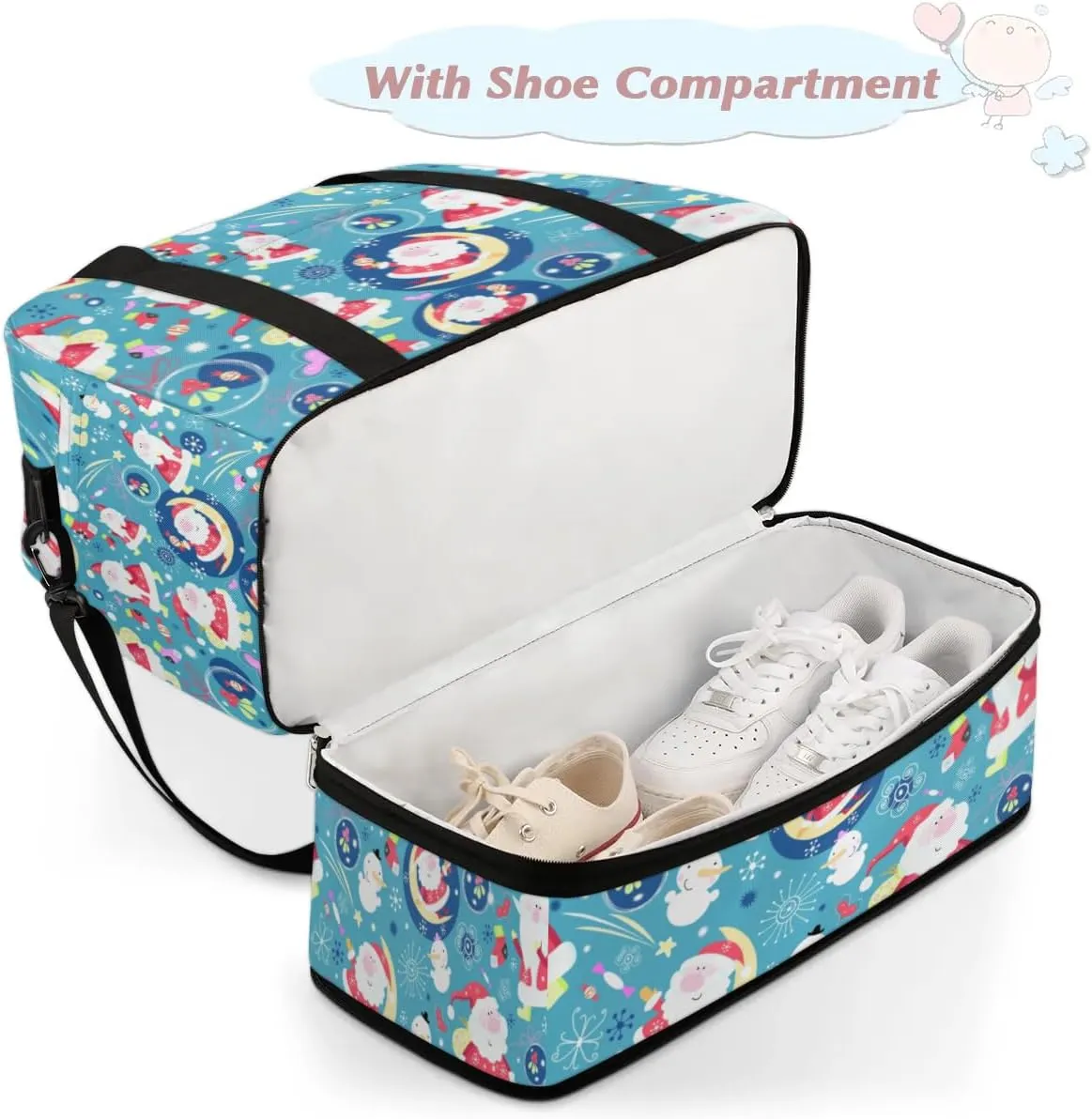 Christmas Cute Santa Claus Sports Gym Bag with Shoes Compartment Foldable Travel Duffel Bag Dry Wet Separated Sports Tote Workout Weekender Overnight Bag for Women Yoga Dance Work Training Handbag