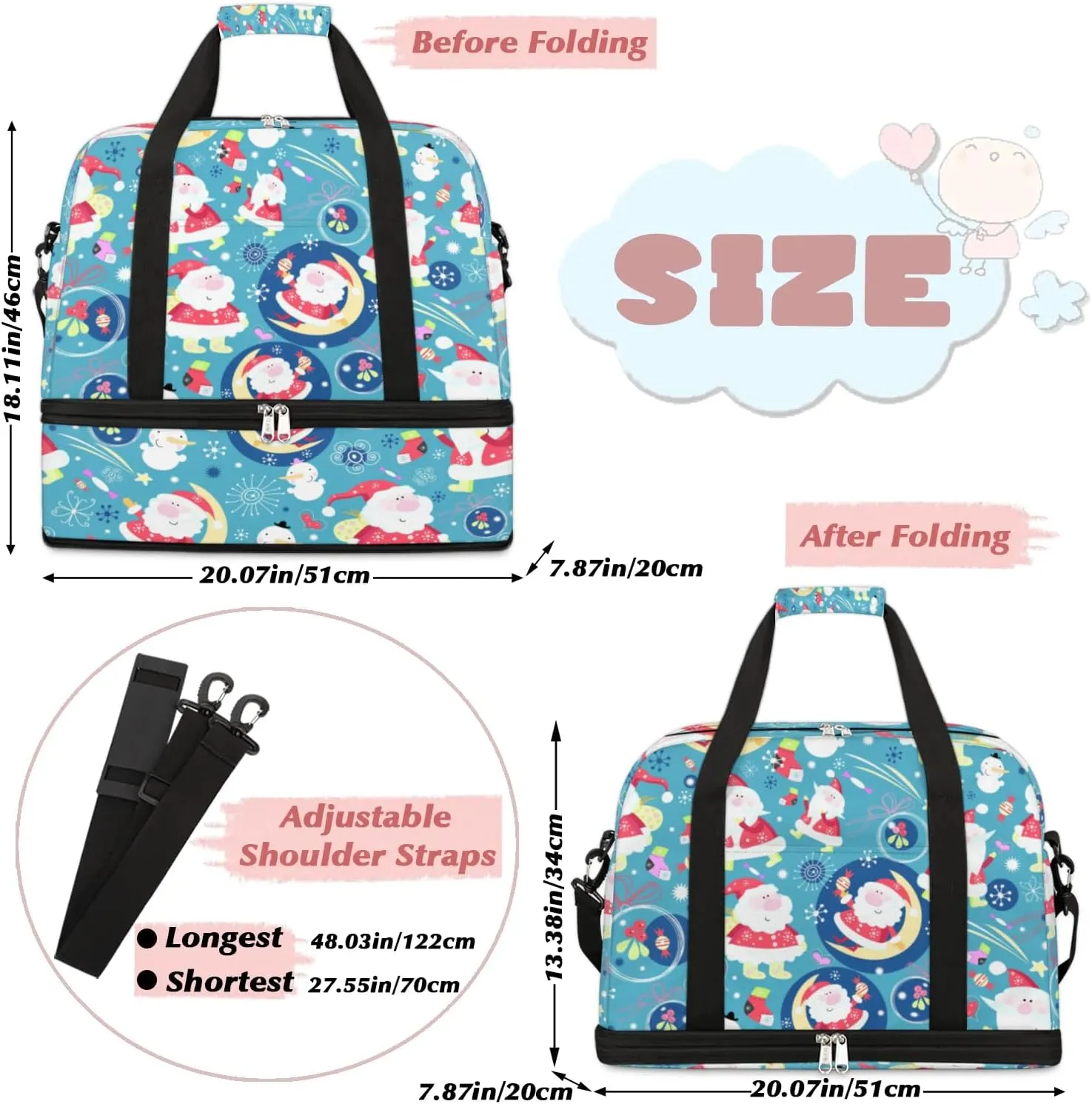 Christmas Cute Santa Claus Sports Gym Bag with Shoes Compartment Foldable Travel Duffel Bag Dry Wet Separated Sports Tote Workout Weekender Overnight Bag for Women Yoga Dance Work Training Handbag