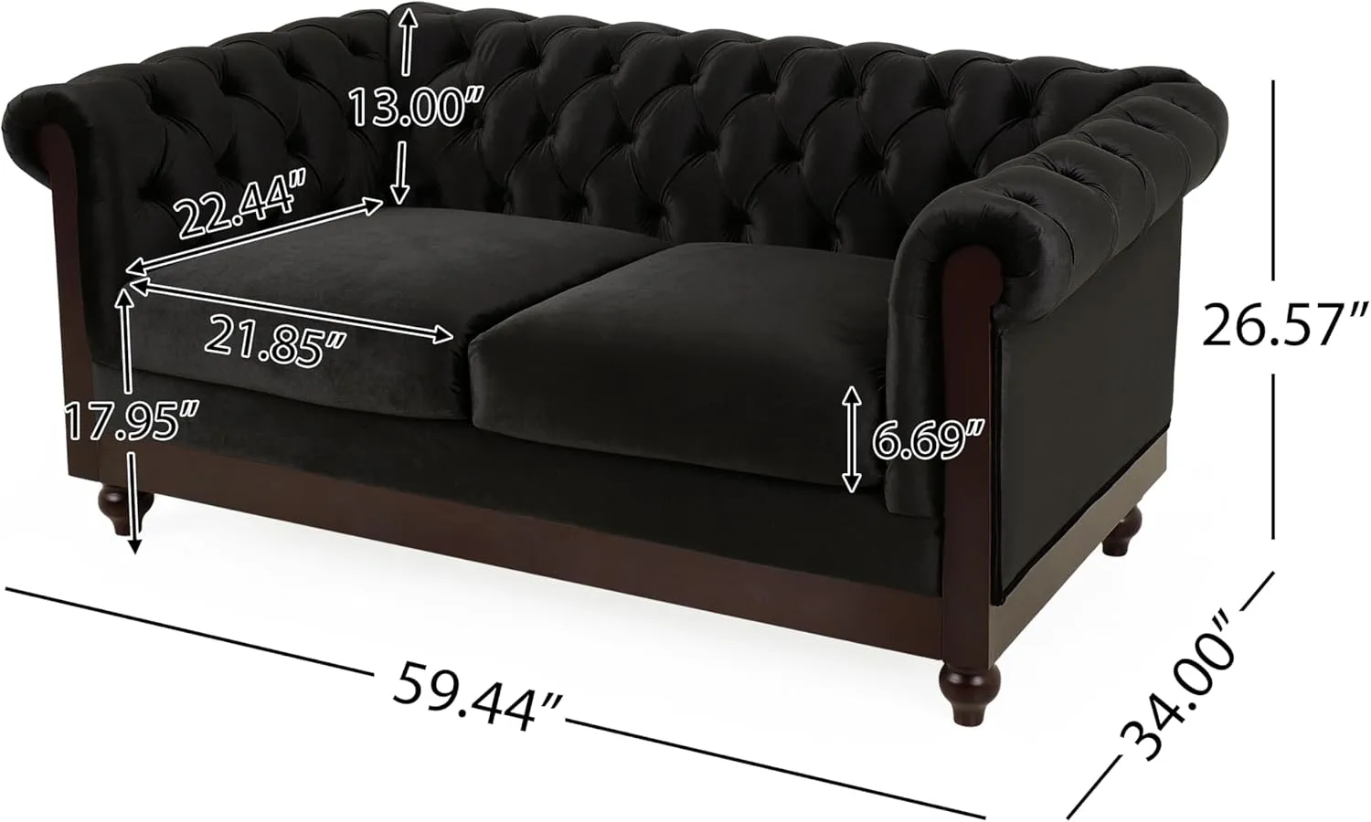 Christopher Knight Home Chesterfield Velvet Loveseat, 2-Seater Rolled Arm Upholstered Sofa Couch, Tufted Button Backrest and Birch Wood Leg, Living Room, Bedroom, Home Office, Black   Espresso
