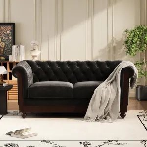 Christopher Knight Home Chesterfield Velvet Loveseat, 2-Seater Rolled Arm Upholstered Sofa Couch, Tufted Button Backrest and Birch Wood Leg, Living Room, Bedroom, Home Office, Black   Espresso