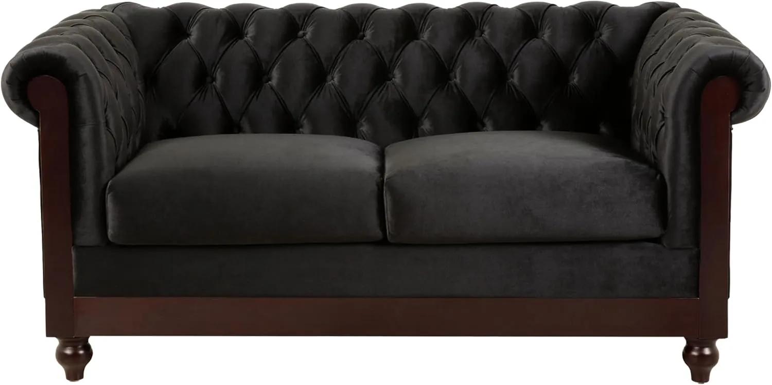 Christopher Knight Home Chesterfield Velvet Loveseat, 2-Seater Rolled Arm Upholstered Sofa Couch, Tufted Button Backrest and Birch Wood Leg, Living Room, Bedroom, Home Office, Black   Espresso
