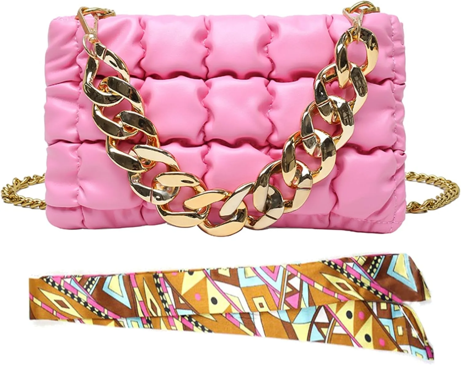 Chunky Gold Chain Quilted Vegan Leather Crossbody Purse, Plastic Metal Chain Puffer Clutch Bag, PU Leather Handbag