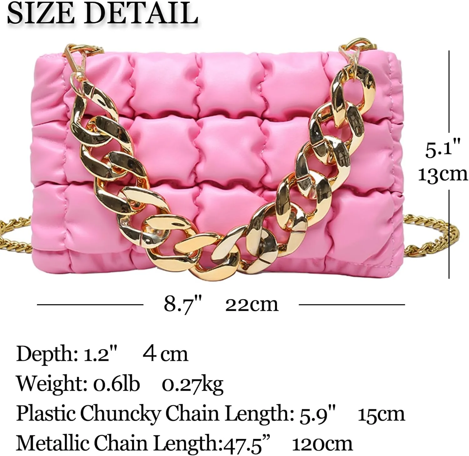 Chunky Gold Chain Quilted Vegan Leather Crossbody Purse, Plastic Metal Chain Puffer Clutch Bag, PU Leather Handbag