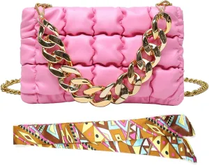 Chunky Gold Chain Quilted Vegan Leather Crossbody Purse, Plastic Metal Chain Puffer Clutch Bag, PU Leather Handbag