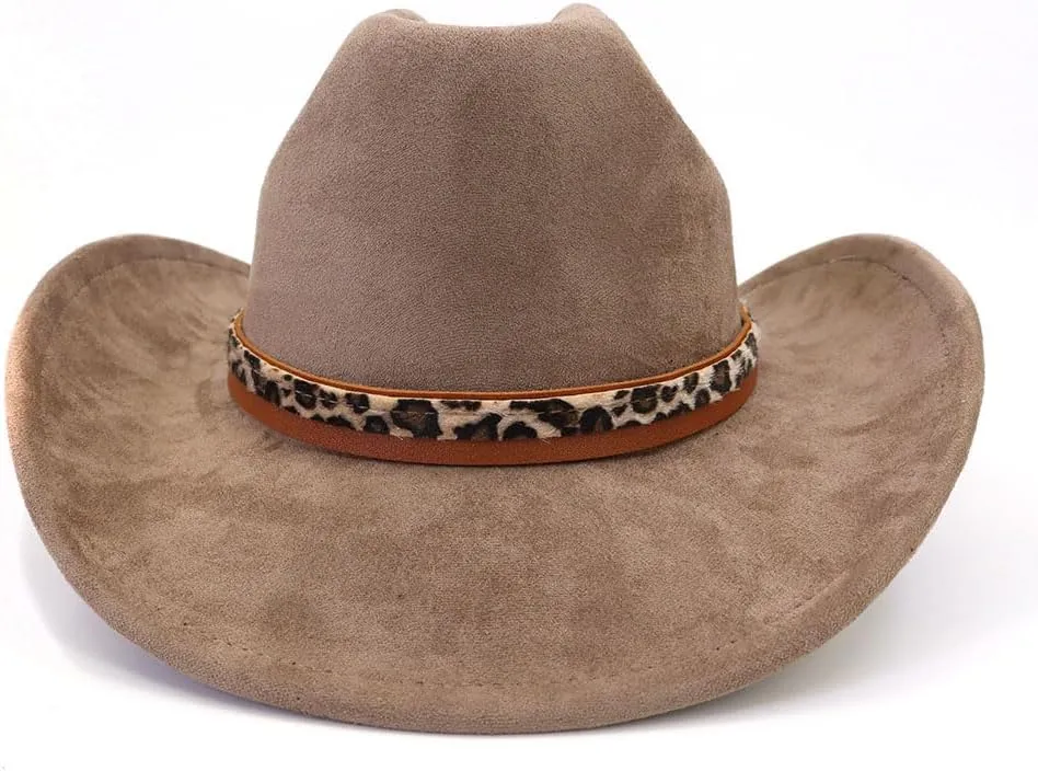 Classic Suede Cowboy Hat for Adult Wide Brim Western Cowgirl Hat Women Fedora Hat with Leopard Print Hatband