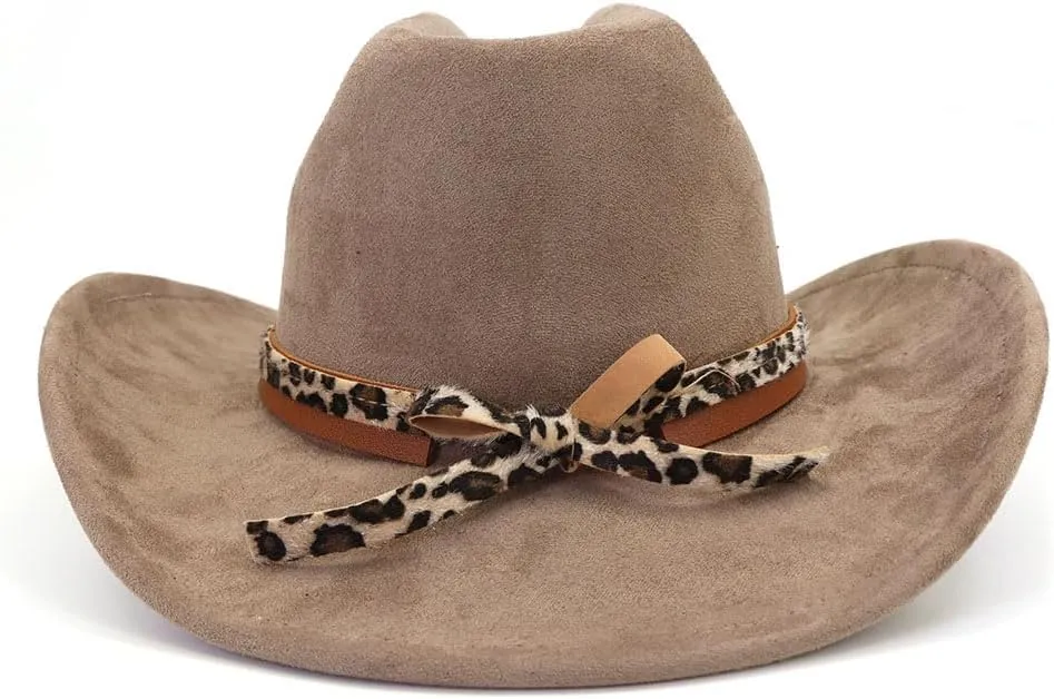 Classic Suede Cowboy Hat for Adult Wide Brim Western Cowgirl Hat Women Fedora Hat with Leopard Print Hatband