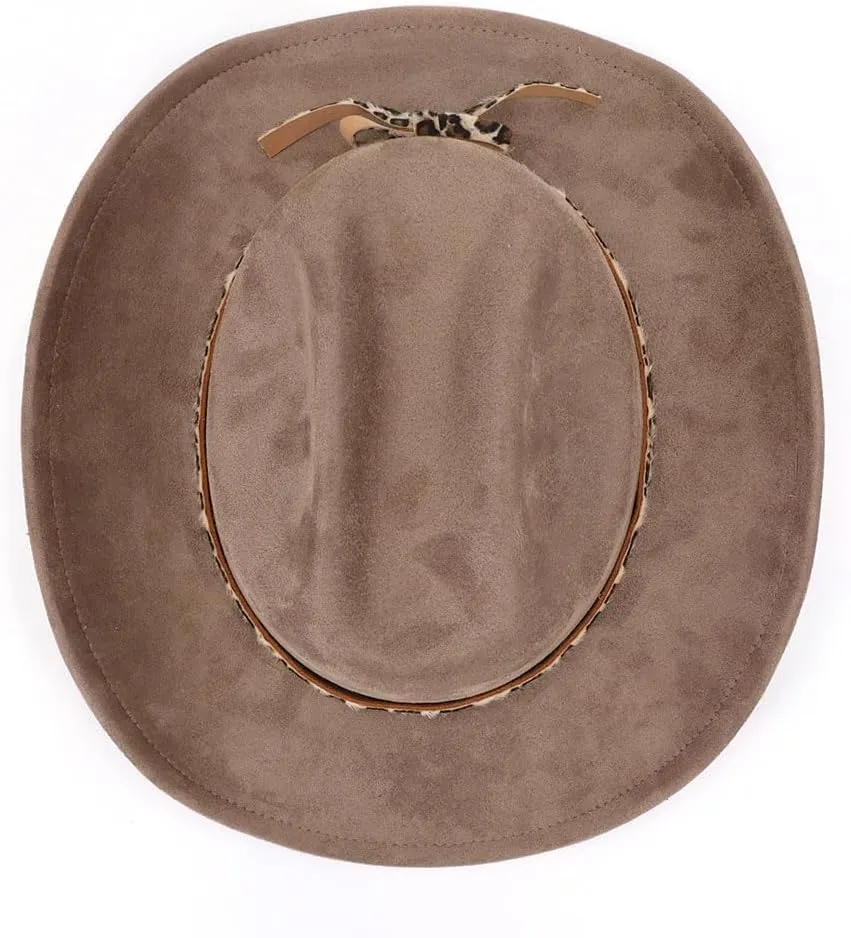 Classic Suede Cowboy Hat for Adult Wide Brim Western Cowgirl Hat Women Fedora Hat with Leopard Print Hatband