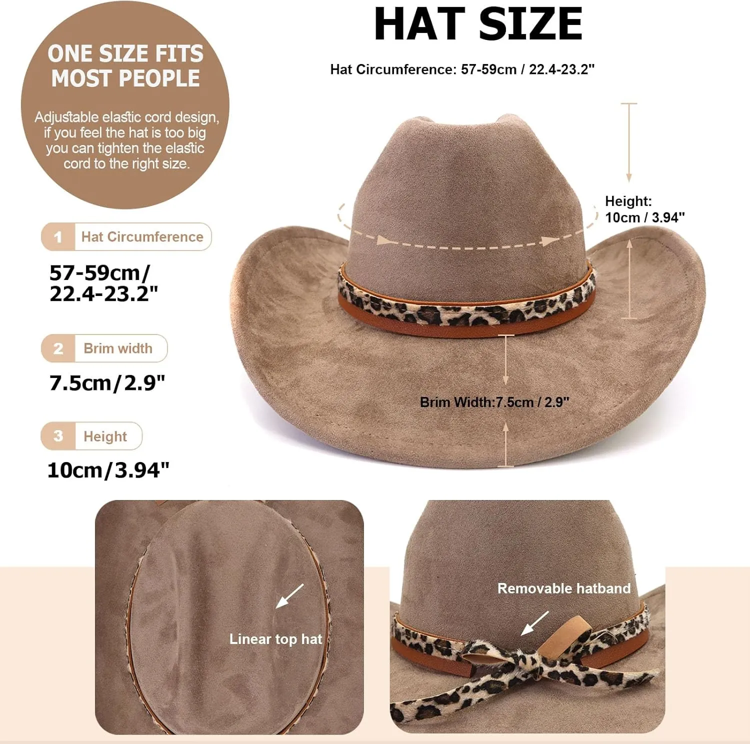 Classic Suede Cowboy Hat for Adult Wide Brim Western Cowgirl Hat Women Fedora Hat with Leopard Print Hatband