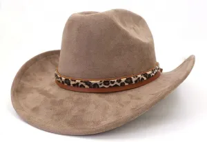 Classic Suede Cowboy Hat for Adult Wide Brim Western Cowgirl Hat Women Fedora Hat with Leopard Print Hatband