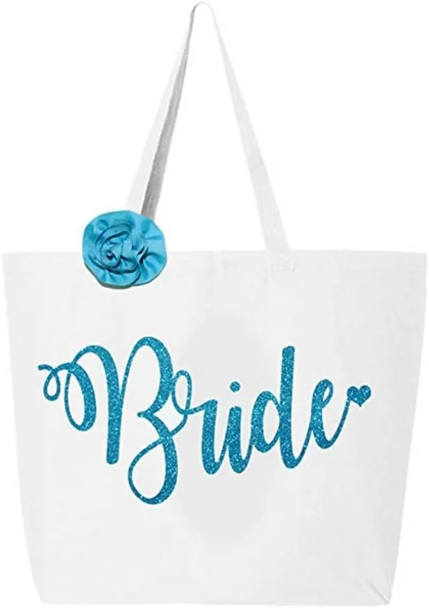 Classy Bride Glitter Tote Bride Bag - White and Aqua