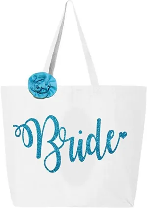 Classy Bride Glitter Tote Bride Bag - White and Aqua