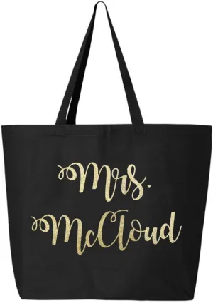 Classy Bride Personalized Tote Bag - Customized Mrs. Glitter Gold Tote