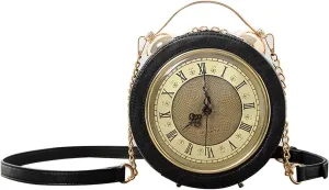 Clock Bag Real Working,Vintage Crossbody Messenger Bag, SteamPunk Style Shape Leather Bag Circular Handbag Chain Shoulder Female bag (Black)