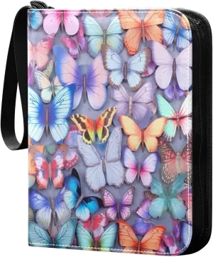 Colorful Butterflies Card Binder 4-Pocket Leather Cover 400 Pockets Card Album Holder Removable Display Storage for Trading Cards, Game Cards, Collectibles