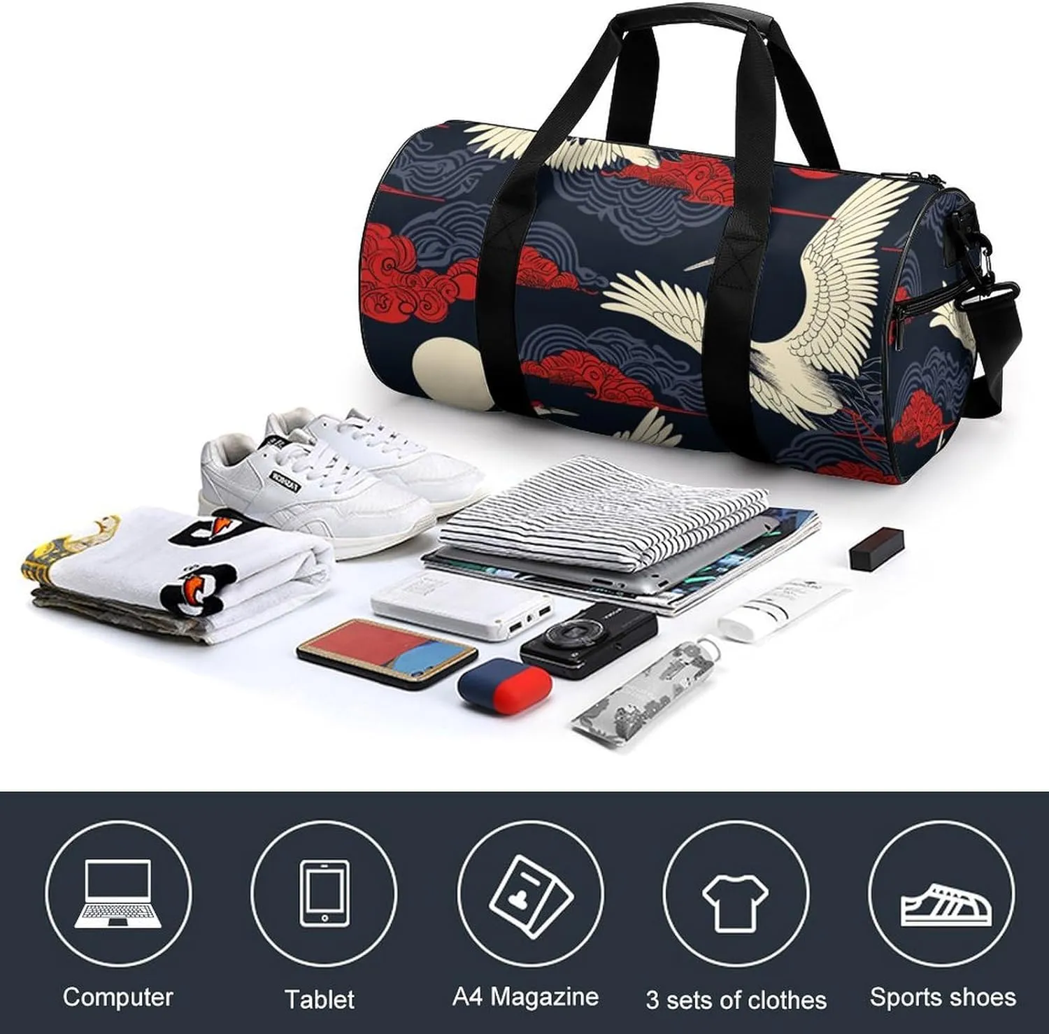 Colorful Crane Travel Gym Bag for Women Men Retro Cylindrical Duffle Bag Sport Workout Bag with Shoulder Strap