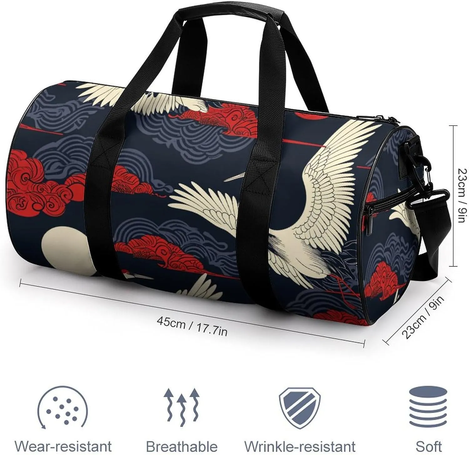 Colorful Crane Travel Gym Bag for Women Men Retro Cylindrical Duffle Bag Sport Workout Bag with Shoulder Strap
