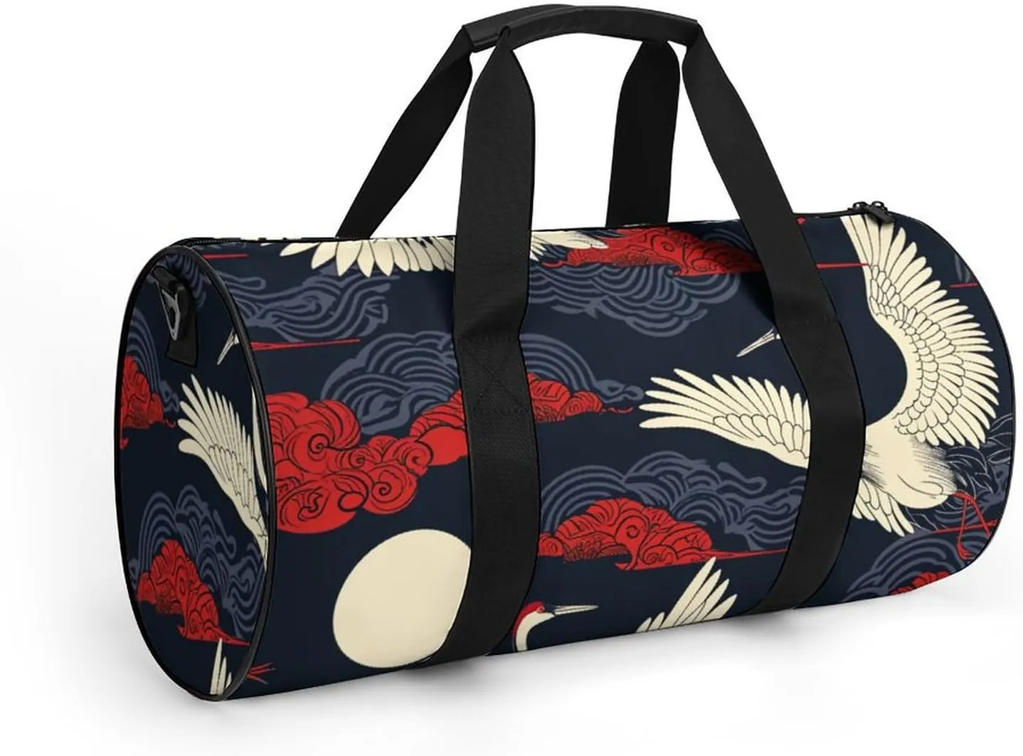 Colorful Crane Travel Gym Bag for Women Men Retro Cylindrical Duffle Bag Sport Workout Bag with Shoulder Strap