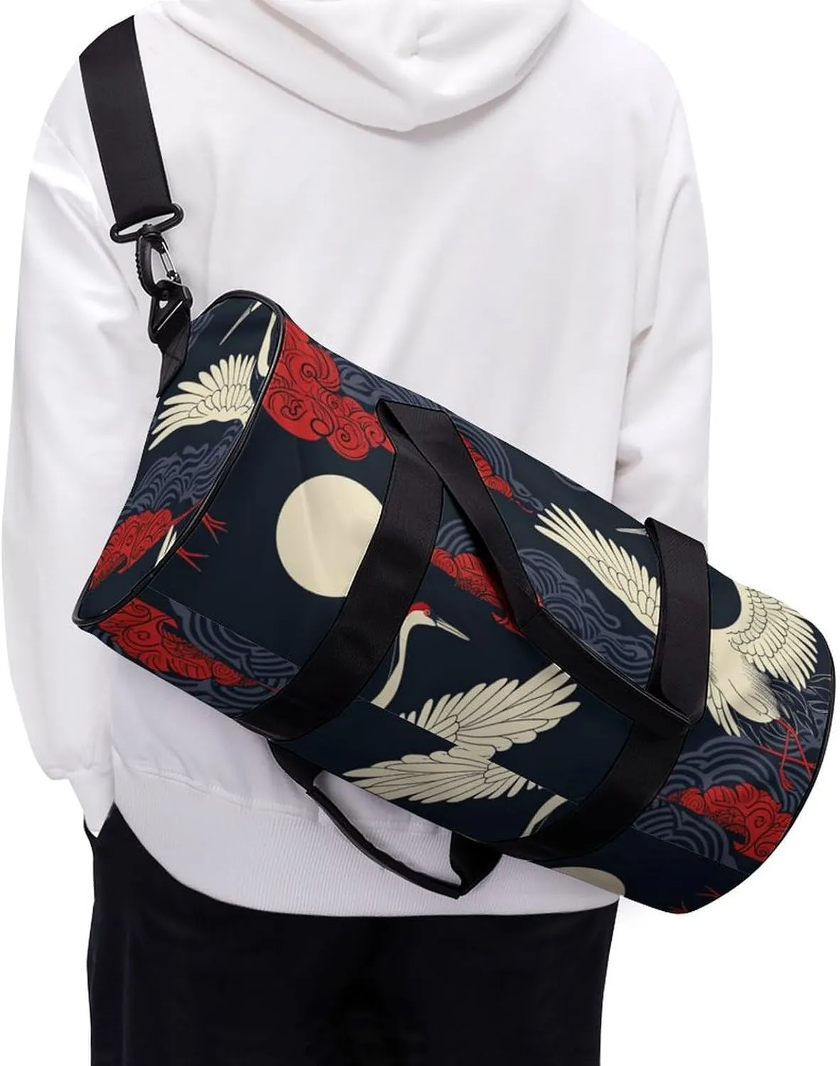 Colorful Crane Travel Gym Bag for Women Men Retro Cylindrical Duffle Bag Sport Workout Bag with Shoulder Strap