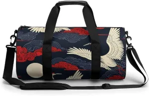 Colorful Crane Travel Gym Bag for Women Men Retro Cylindrical Duffle Bag Sport Workout Bag with Shoulder Strap