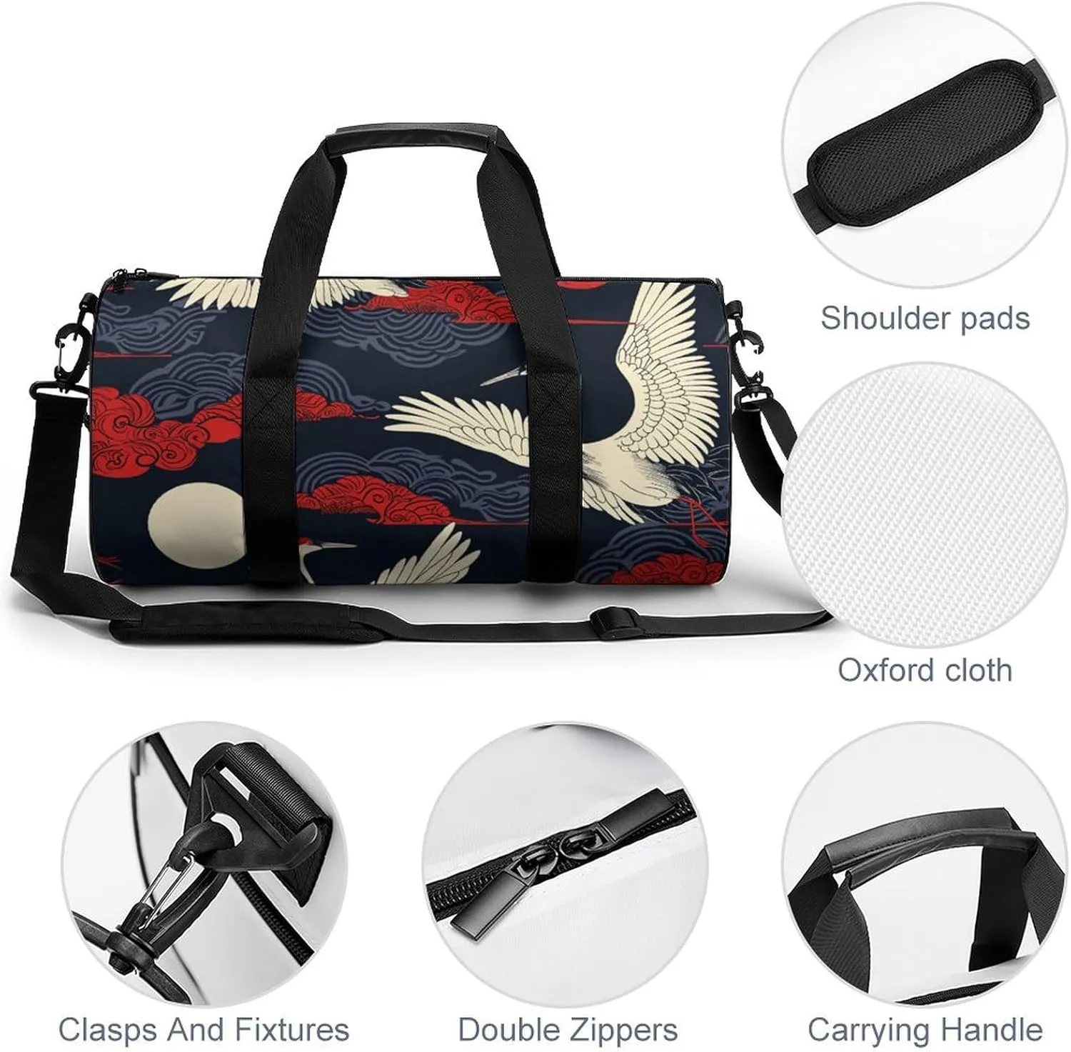 Colorful Crane Travel Gym Bag for Women Men Retro Cylindrical Duffle Bag Sport Workout Bag with Shoulder Strap