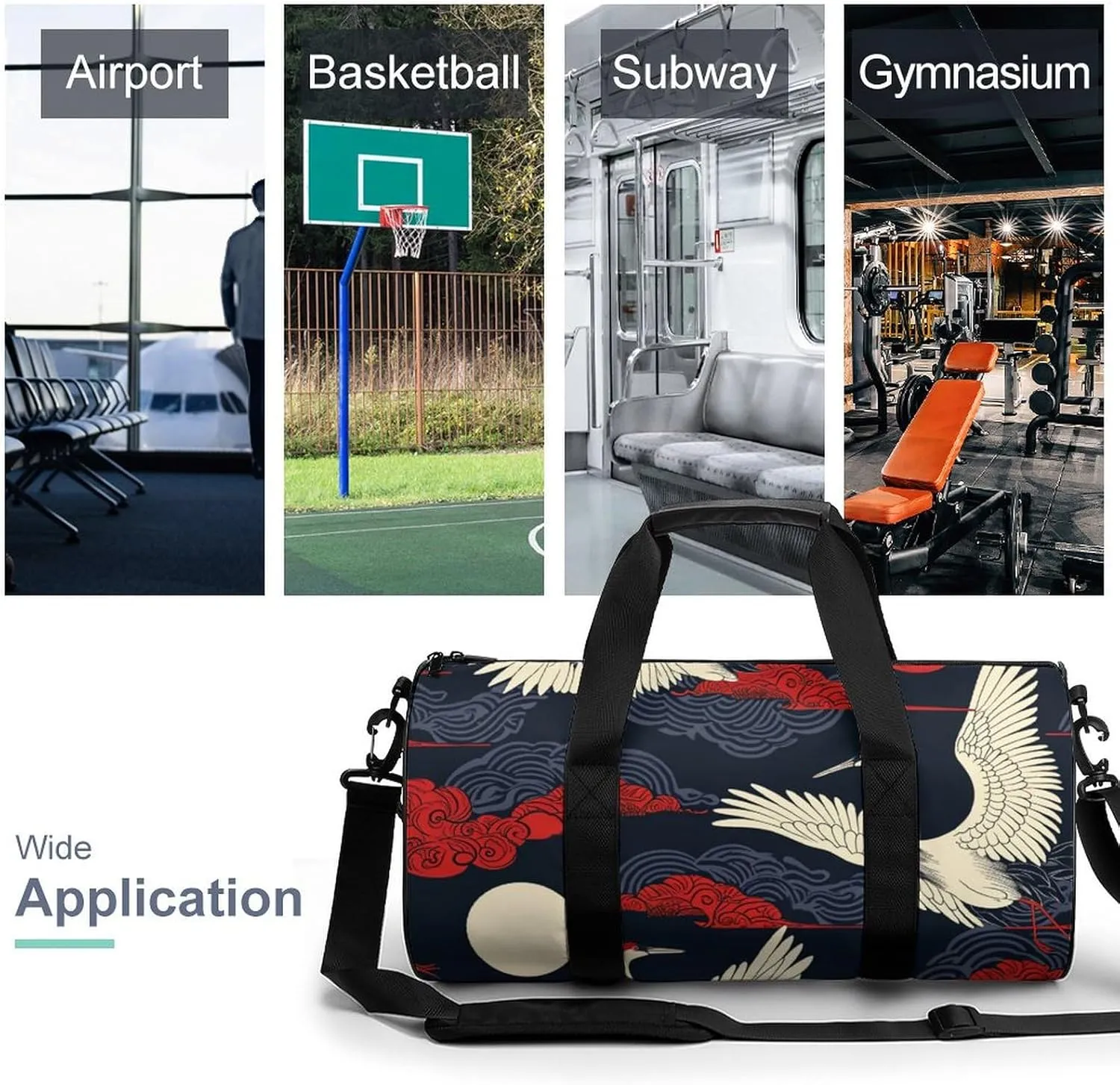 Colorful Crane Travel Gym Bag for Women Men Retro Cylindrical Duffle Bag Sport Workout Bag with Shoulder Strap