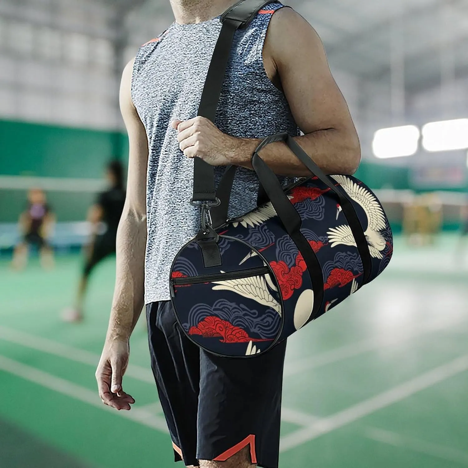 Colorful Crane Travel Gym Bag for Women Men Retro Cylindrical Duffle Bag Sport Workout Bag with Shoulder Strap