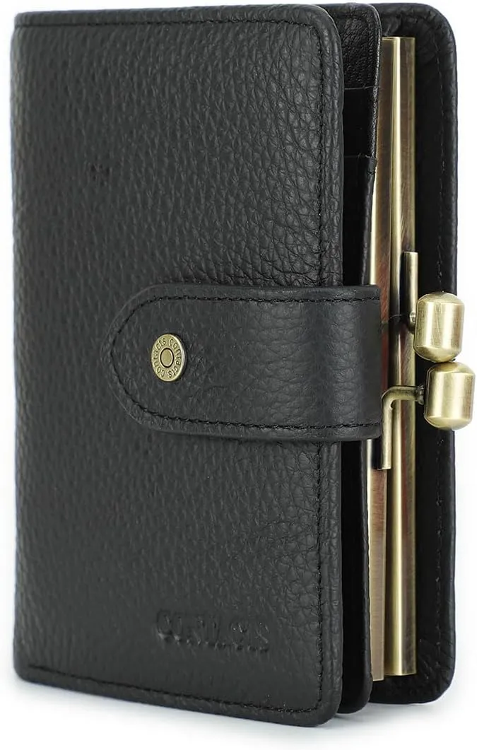 Contacts Full Grain Leather Kiss Lock Wallet for Women Coin Pocket Kiss Clasp Purse Small Card Holder Bifold Rfid Wallet (Black)