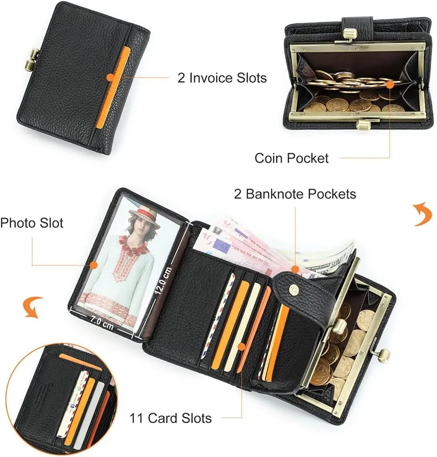 Contacts Full Grain Leather Kiss Lock Wallet for Women Coin Pocket Kiss Clasp Purse Small Card Holder Bifold Rfid Wallet (Black)