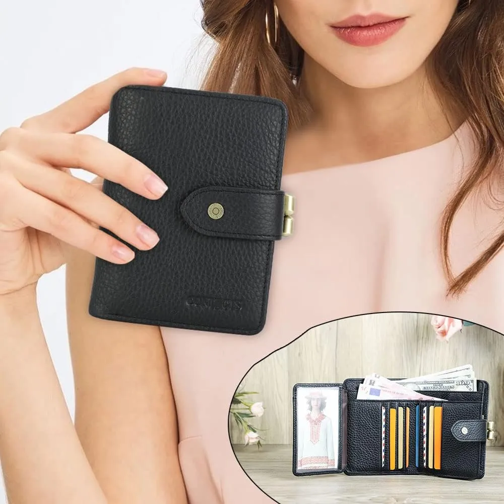 Contacts Full Grain Leather Kiss Lock Wallet for Women Coin Pocket Kiss Clasp Purse Small Card Holder Bifold Rfid Wallet (Black)