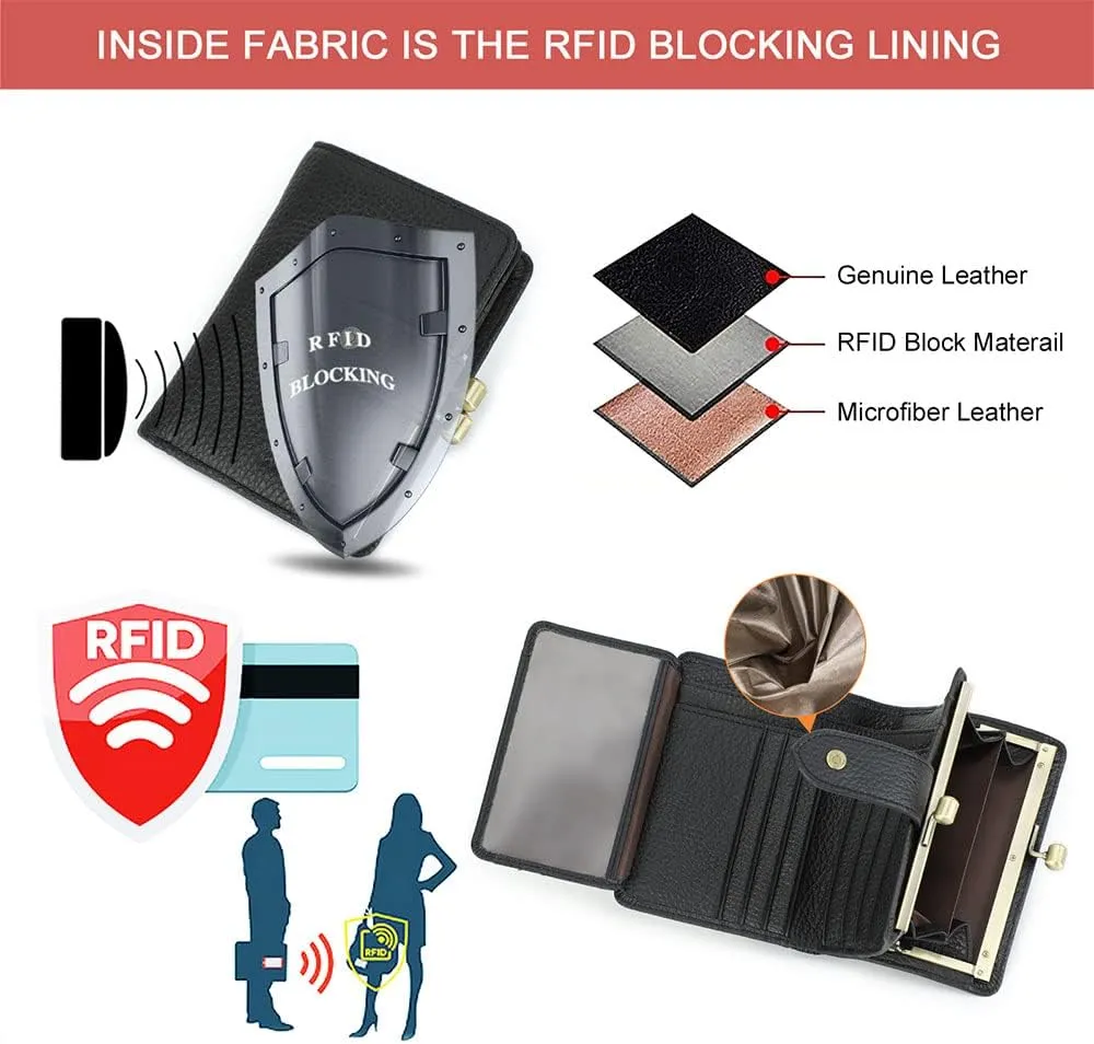 Contacts Full Grain Leather Kiss Lock Wallet for Women Coin Pocket Kiss Clasp Purse Small Card Holder Bifold Rfid Wallet (Black)
