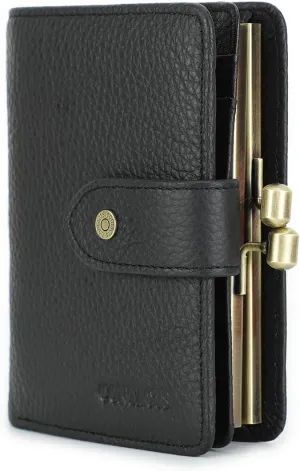 Contacts Full Grain Leather Kiss Lock Wallet for Women Coin Pocket Kiss Clasp Purse Small Card Holder Bifold Rfid Wallet (Black)