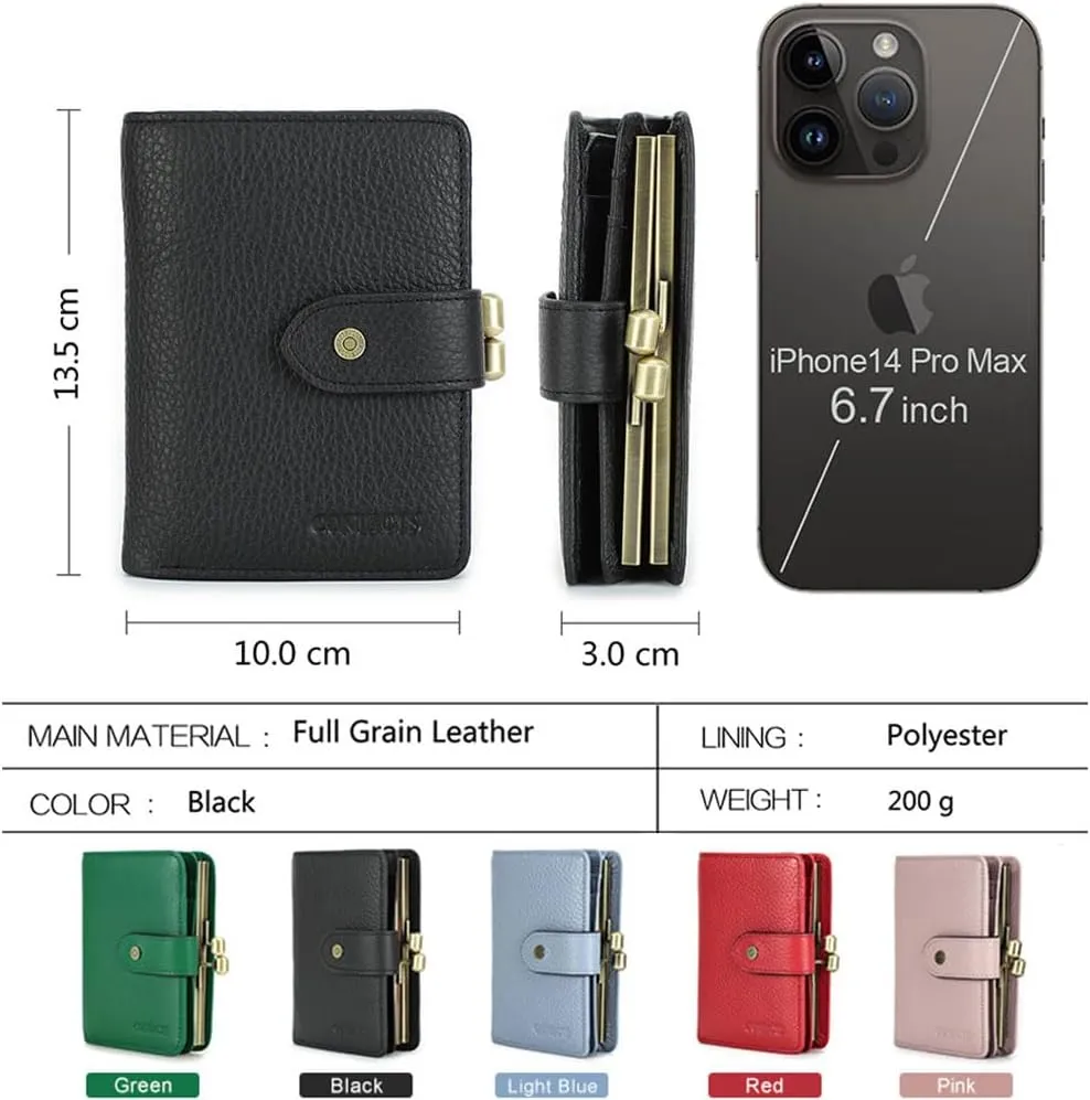 Contacts Full Grain Leather Kiss Lock Wallet for Women Coin Pocket Kiss Clasp Purse Small Card Holder Bifold Rfid Wallet (Black)