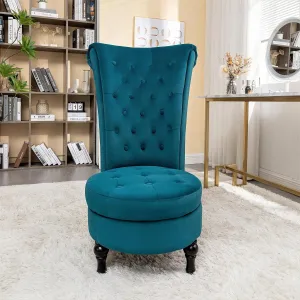 Container Furniture Royal High-Back Velvet Accent Chair for Vanity with Storage and Luxurious Upholstery, Retro Design and Versatile Usage for Livingroom, Bedroom, Lounge and Office, Greenish Blue