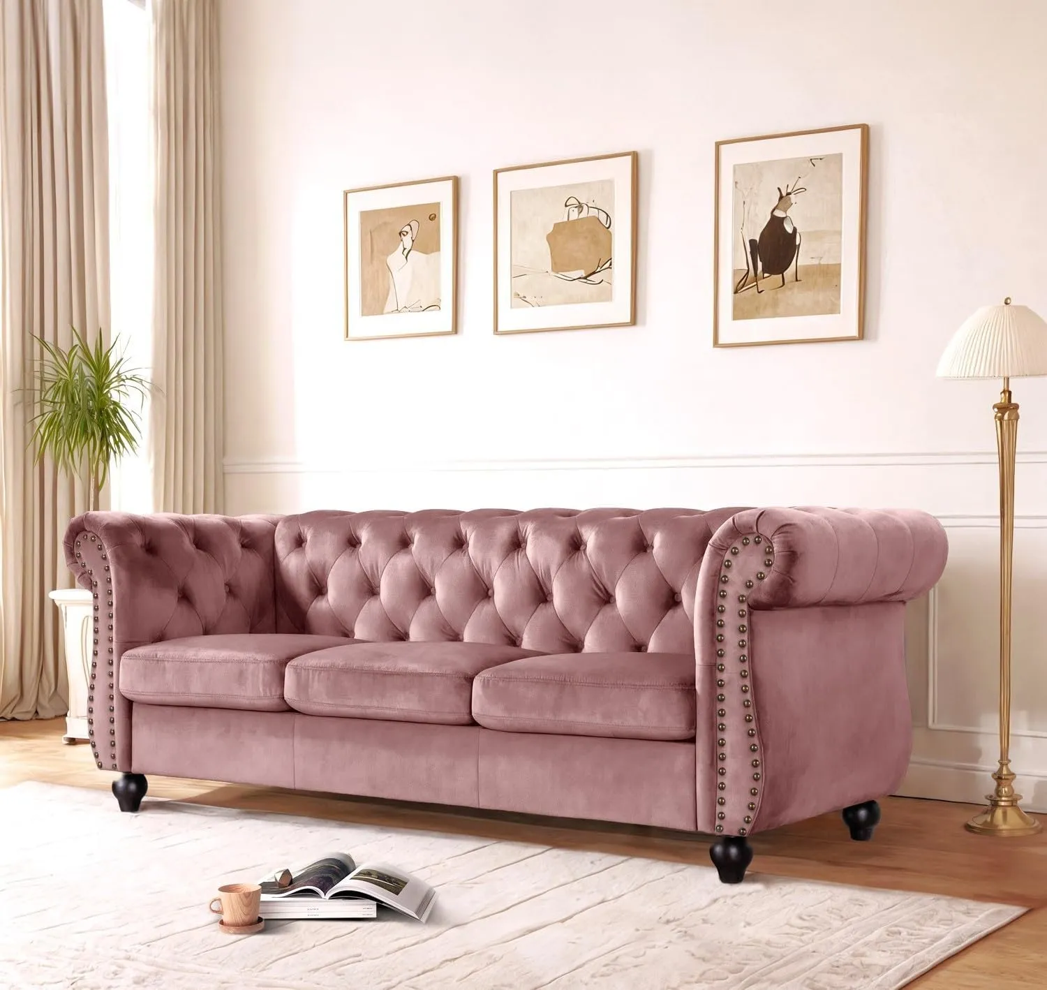 Container Furniture Velvet Chesterfield Couch, Button-Tufted Backrest, Rolled Arms, High-Density Foam with Spring Support, Elegant Accent Piece, Sofa, Rose