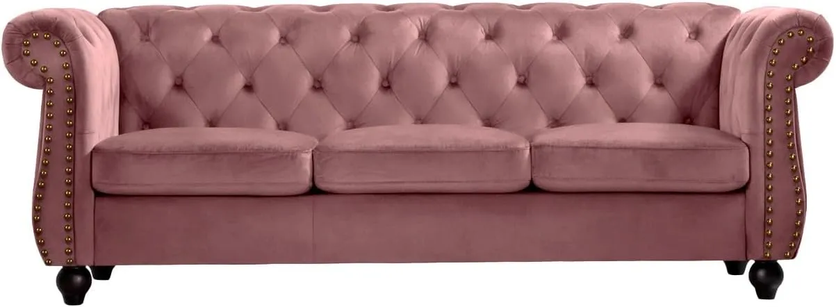 Container Furniture Velvet Chesterfield Couch, Button-Tufted Backrest, Rolled Arms, High-Density Foam with Spring Support, Elegant Accent Piece, Sofa, Rose