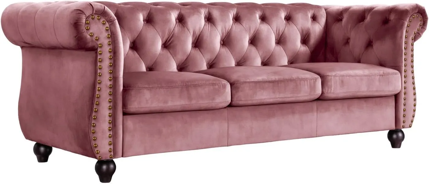 Container Furniture Velvet Chesterfield Couch, Button-Tufted Backrest, Rolled Arms, High-Density Foam with Spring Support, Elegant Accent Piece, Sofa, Rose