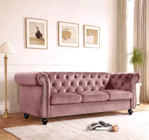 Container Furniture Velvet Chesterfield Couch, Button-Tufted Backrest, Rolled Arms, High-Density Foam with Spring Support, Elegant Accent Piece, Sofa, Rose