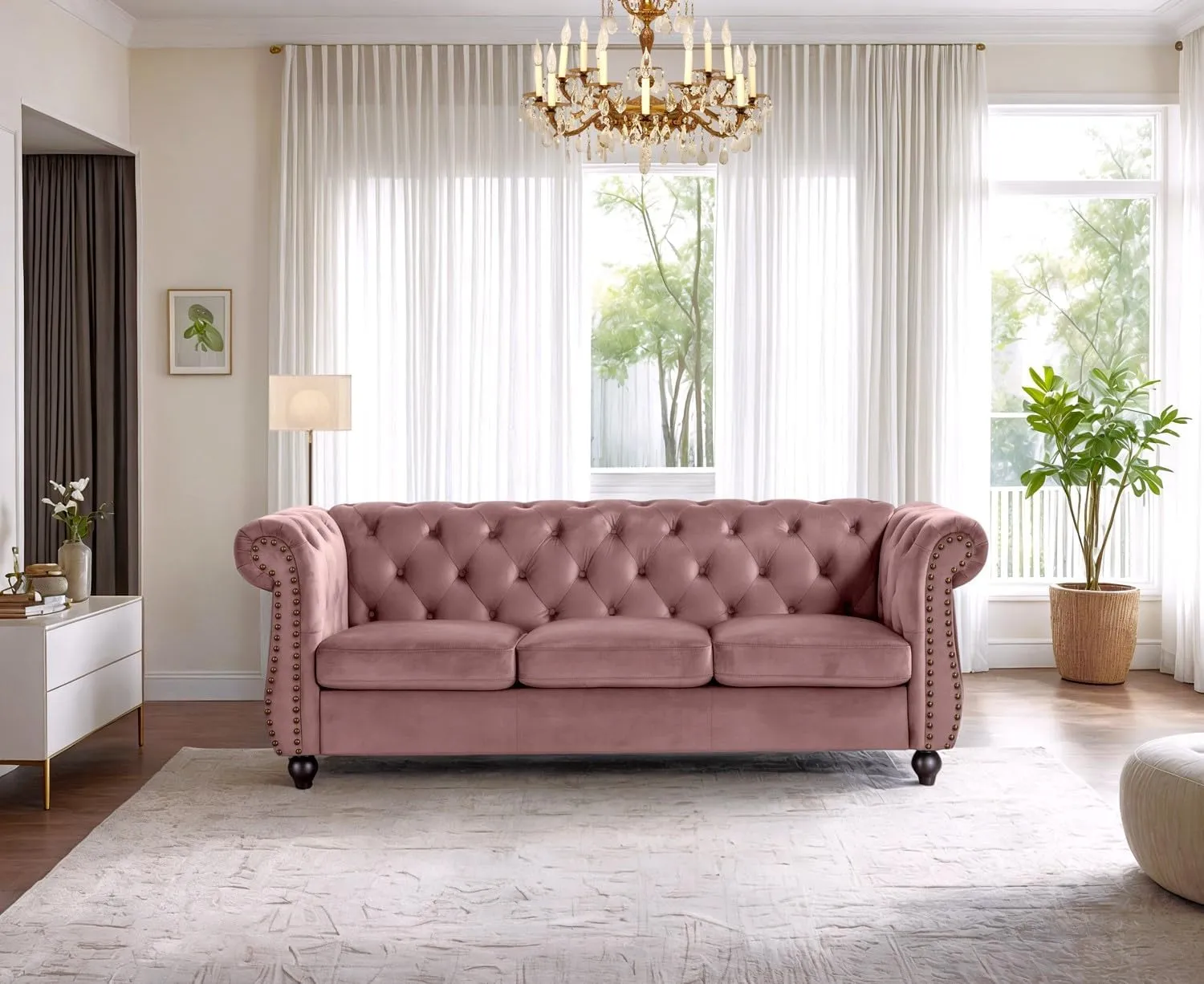 Container Furniture Velvet Chesterfield Couch, Button-Tufted Backrest, Rolled Arms, High-Density Foam with Spring Support, Elegant Accent Piece, Sofa, Rose