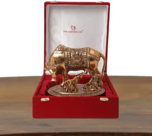 Copper Kamdhenu Cow, Calf & Laddu Gopal Idol with Velvet Box Carry Bag | Vastu for Home, Mandir Ghar Decorative Statue Item