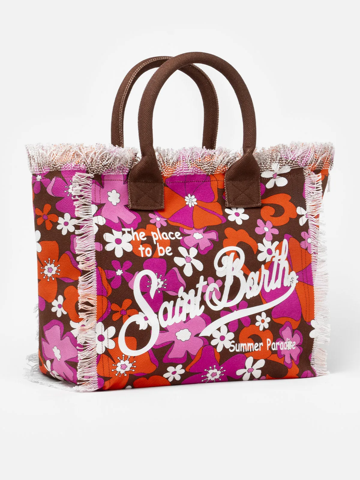 Cotton canvas tote bag with retro flower print