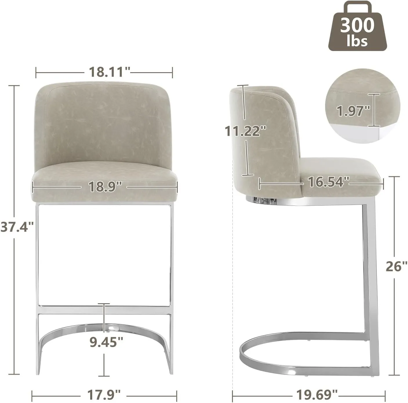Counter Height Bar Stools, Modern 26" Counter Stools with Back and C-Shaped Metal Frame, Upholstered Faux Leather Bar Chairs Island Stool for Kitchen Counter, Home Pub, Griege