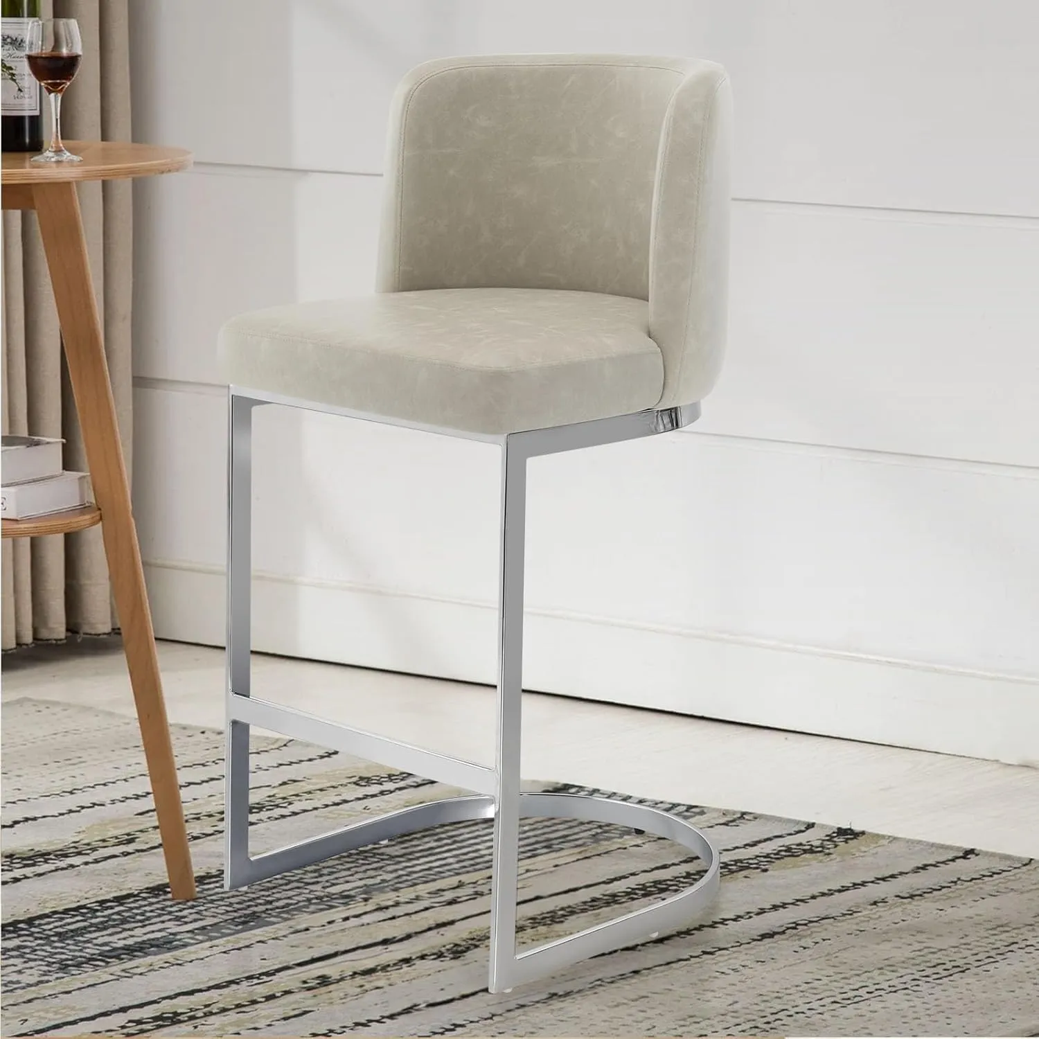 Counter Height Bar Stools, Modern 26" Counter Stools with Back and C-Shaped Metal Frame, Upholstered Faux Leather Bar Chairs Island Stool for Kitchen Counter, Home Pub, Griege