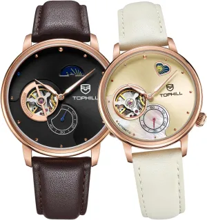 Couple Watches Men and Women, Automatic Casual Dress Wrist Watch, Calf-Leather Band, Day& Night Display, His and Her Gifts(Brown2 Light Rose Gold)