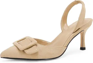 Coutgo Womens Slingback Heels Kitten Heel Pumps Dress Shoes Sling Back Closed Pointed Toe Suede Wedding Party Sandals