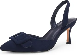 Coutgo Womens Slingback Heels Kitten Heel Pumps Dress Shoes Sling Back Closed Pointed Toe Suede Wedding Party Sandals