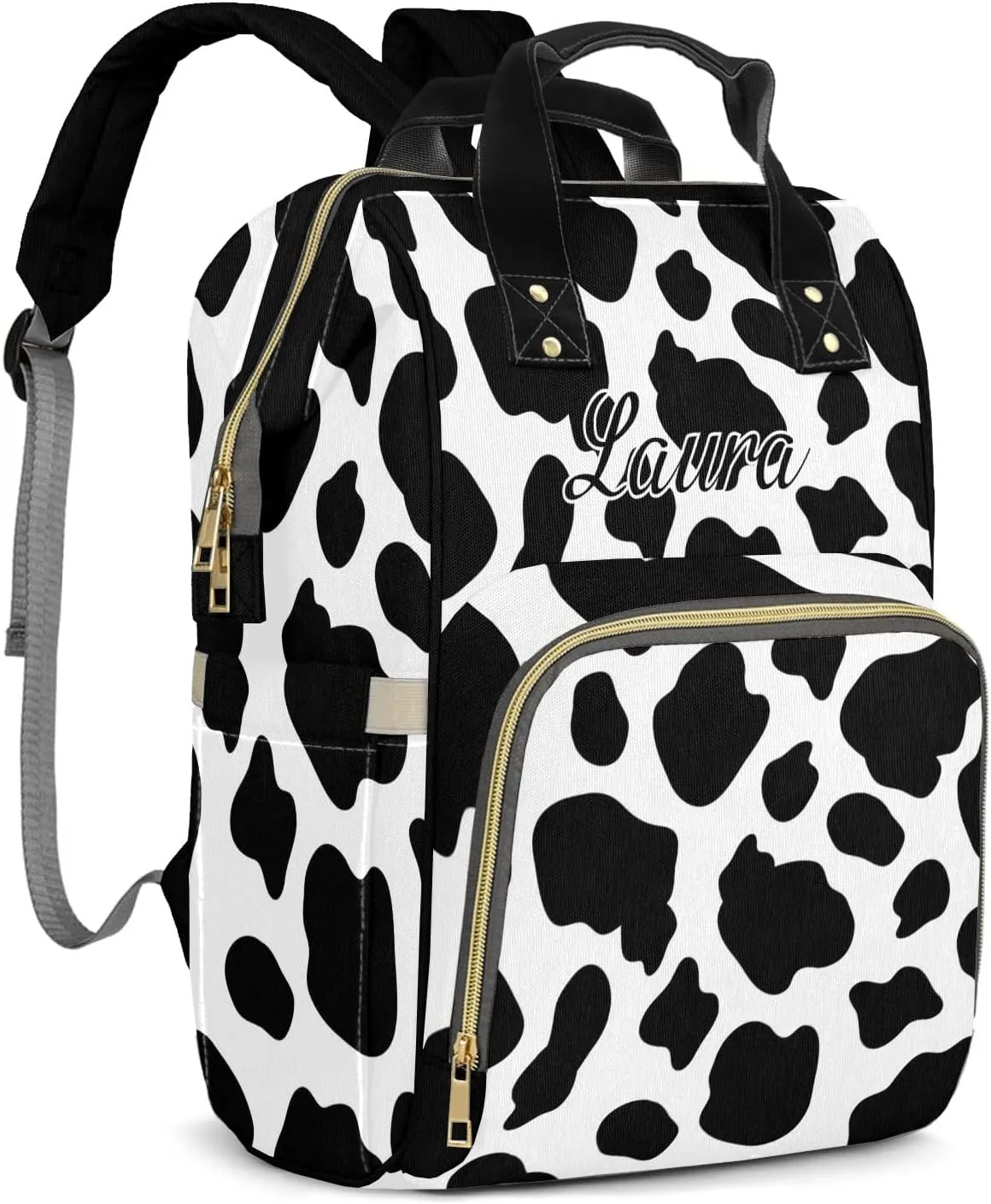 Cow Skin Black and White Diaper Bags with Name Personalized Baby Bag Travel Tote Bag Waterproof Backpack for Mom Gift